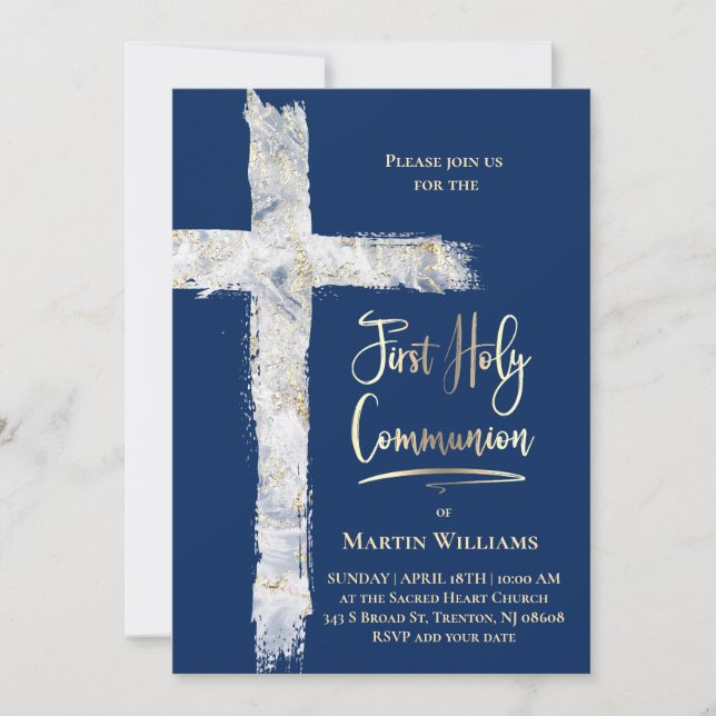 modern Holy cross on blue | First Communion Invitation (Front)