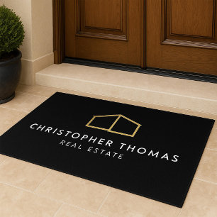 Modern Home Logo Faux Gold on Black Doormat