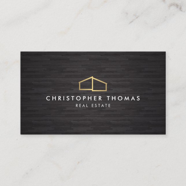 Modern Home Logo Faux Gold on Black Wood Business Card (Front)