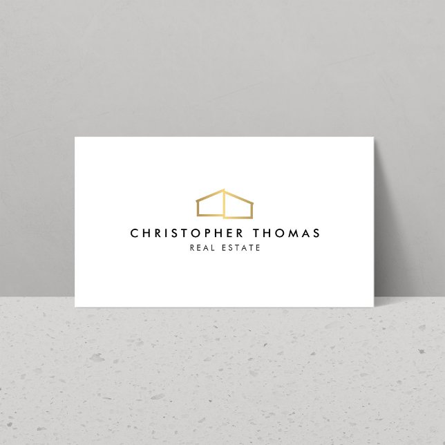 Modern Home Logo Faux Gold on White Business Card (Creator Uploaded)