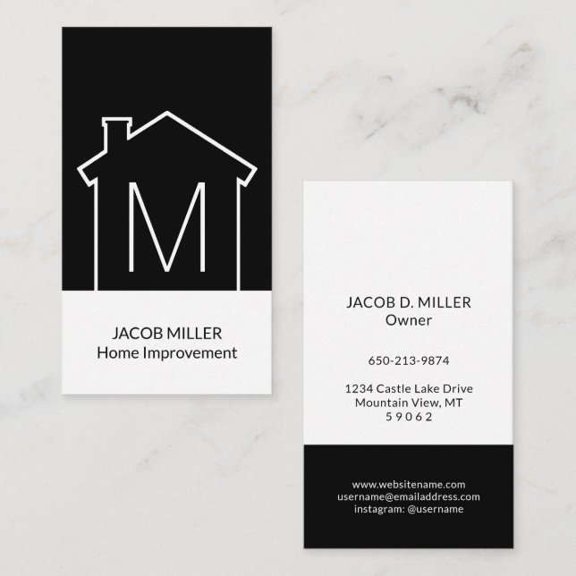 Modern Home Logo Monogram Vertical Black and White Business Card (Front/Back)