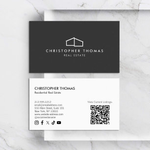 Modern Home Logo Real Estate Dark Gray QR code Business Card