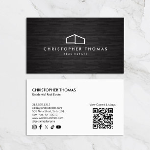 Modern Home Logo Real Estate Dark Wood QR code Business Card