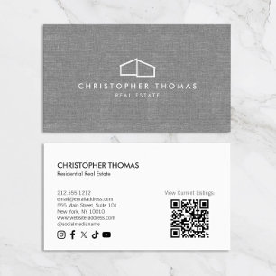Modern Home Logo Real Estate Grey Linen QR code Business Card