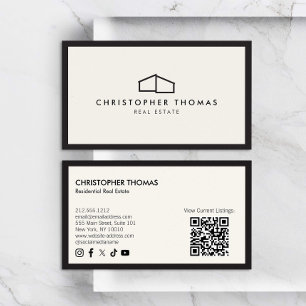 Modern Home Logo Real Estate Ivory/Black QR code Business Card