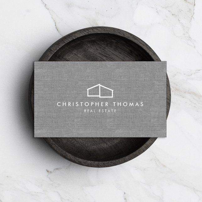 Modern Home Logo Real Estate, Realtor Grey Linen Business Card (Creator Uploaded)