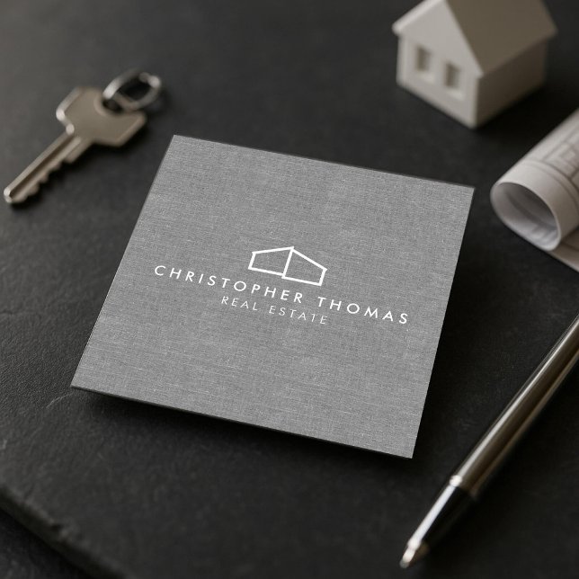 Modern Home Logo Real Estate, Realtor Grey Linen Square Business Card (Creator Uploaded)