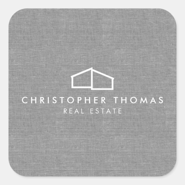 Modern Home Logo Real Estate, Realtor Grey Linen Square Sticker (Front)
