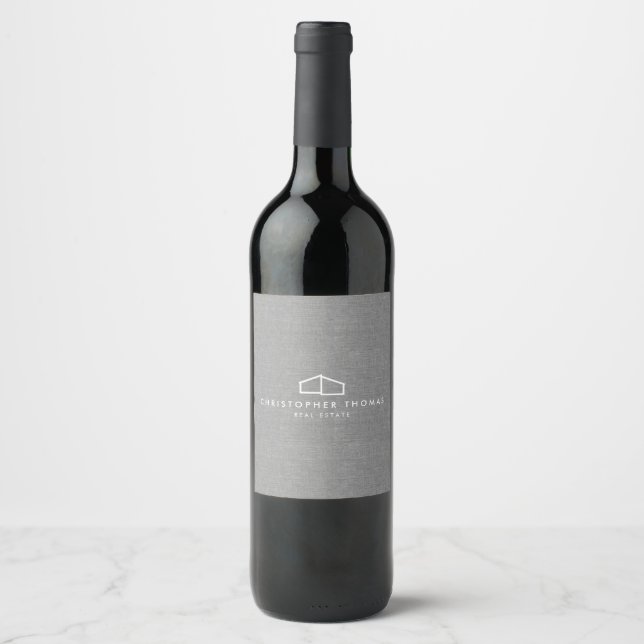 Modern Home Logo Real Estate, Realtor Grey Linen Wine Label (Front)