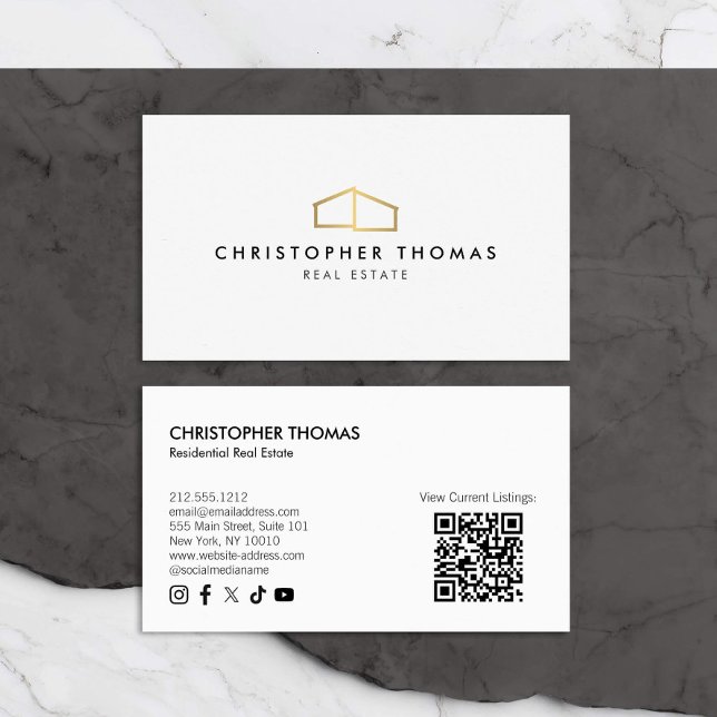 Modern Home Logo Real Estate White/Gold QR code Business Card (Creator Uploaded)