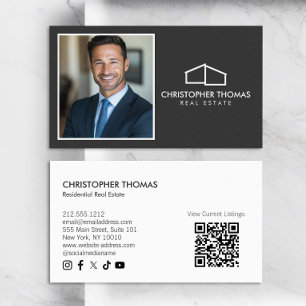 Modern Home Logo Realtor Photo Dark Gray Business Card