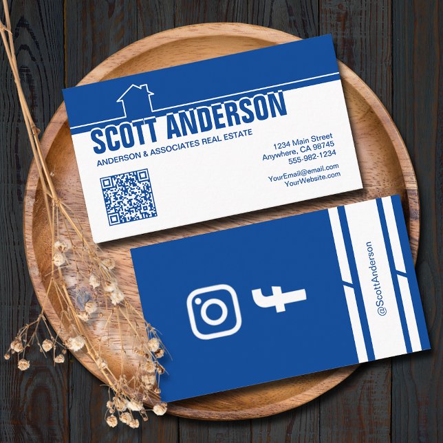 Modern Home Logo Social Media QR Code Blue Business Card (Home logo QR Code social media blue-white business cards - real estate, cleaning, construction)