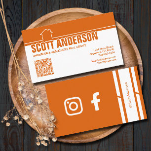 Modern Home Logo Social Media QR Code Orange Business Card