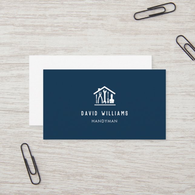 Modern Home Repair Handyman Logo Navy Blue Business Card (Front/Back In Situ)