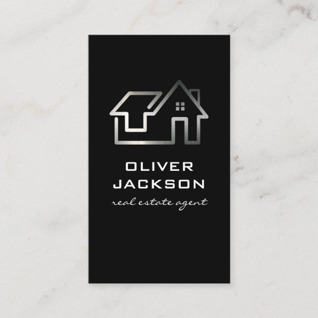 Modern Home Silver Line Artwork | Real Estate Business Card (Front)