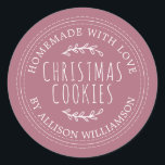 Modern Homemade Christmas Cookies Purple Classic Round Sticker<br><div class="desc">Rustic and modern homemade baked goods sticker with the text homemade with love, christmas cookies and your name in stylish typography on a purple cassis background. Simply add your name and the product name to the label. Exclusively designed for you by Happy Dolphin Studio. If you need any help or...</div>