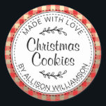 Modern Homemade Christmas Cookies Red Check Gold Classic Round Sticker<br><div class="desc">Rustic, modern and simple homemade baked goods apple pie sticker with the text made with love, Christmas cookies and your name in elegant handwritten script calligraphy and typography on a red check with champagne gold pattern background with a stylish touch of foliage. Simply add your name and the product name...</div>