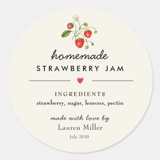 Modern Homemade Strawberry Jam jar Sticker (Front)