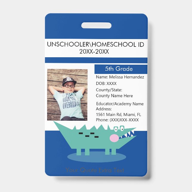 Modern Homeschooling Unschooling Student Alligator ID Badge (Front)