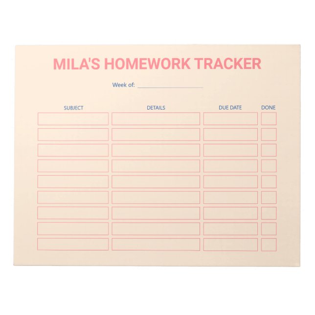 Modern Homework Tracker Notepad (Front)