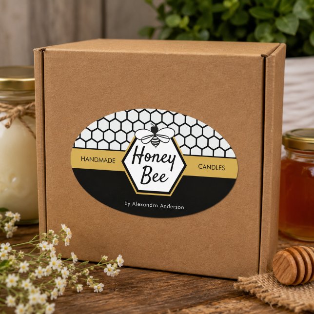 Modern Honey Bee Apiary Honeycomb Black Yellow Oval Sticker (Modern Honey Bee Apiary Honeycomb Black Yellow Oval Sticker)