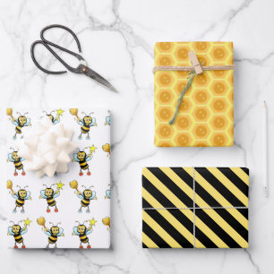 Modern Honey Bees with Heart & Honeycomb Pattern Wrapping Paper Sheet