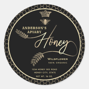 Modern honey jar branch script queen bee   classic round sticker