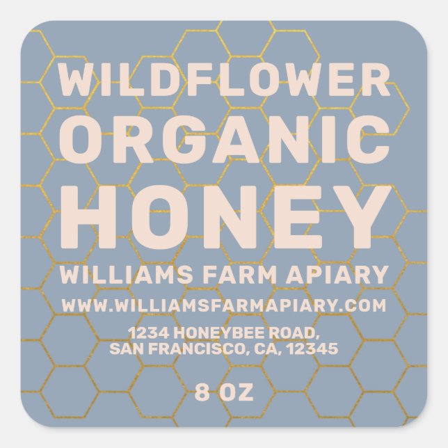 Modern Honey Jar Label Honeybee Apiary Blue (Front)