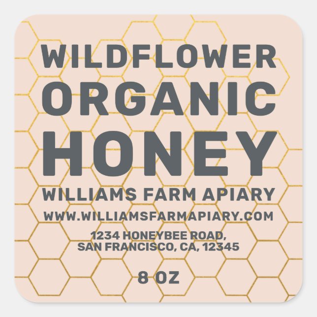 Modern Honey Jar Label Honeybee Apiary Peach Dust (Front)
