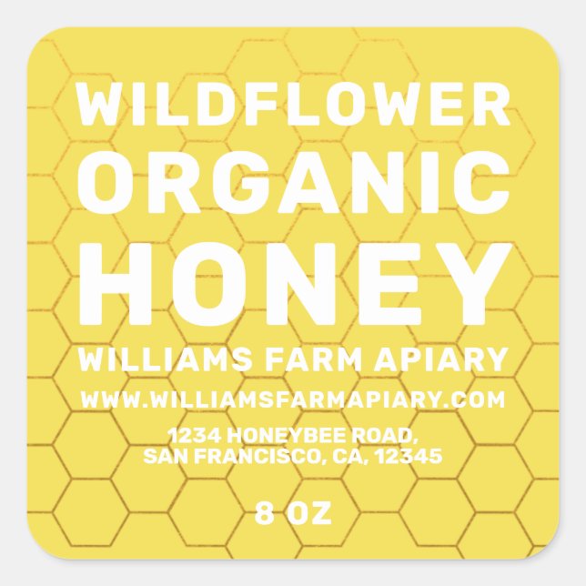 Modern Honey Jar Label Honeybee Apiary Yellow (Front)