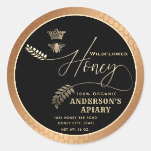 Modern honey jar script queen bee classic round sticker