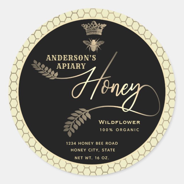 Modern honey jar  script queen bee   classic round sticker (Front)