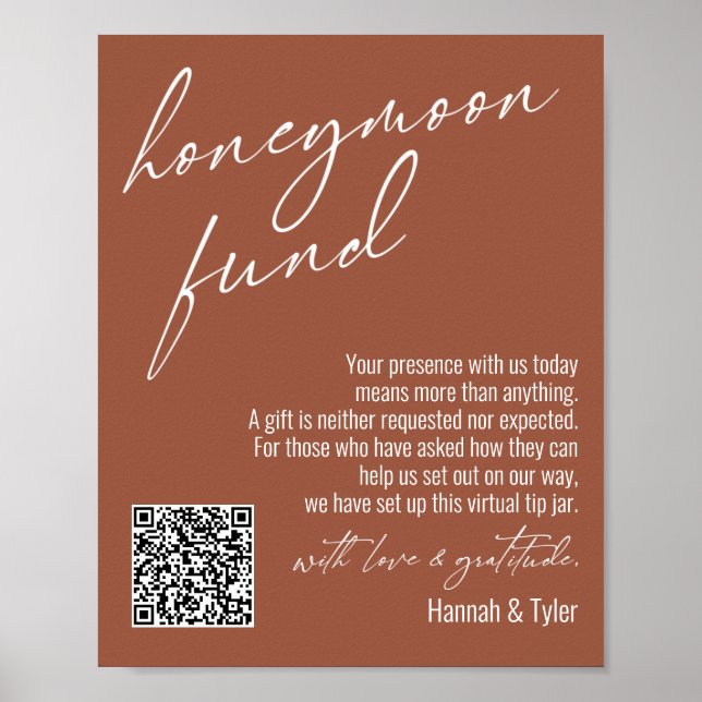 Modern Honeymoon Fund QR Code Terracotta Sign (Front)