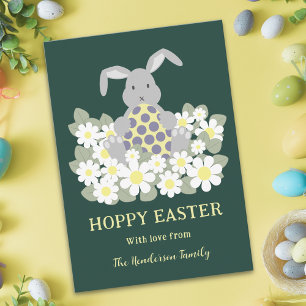 Modern Hoppy Easter Cute Bunny Floral Personalised Holiday Postcard
