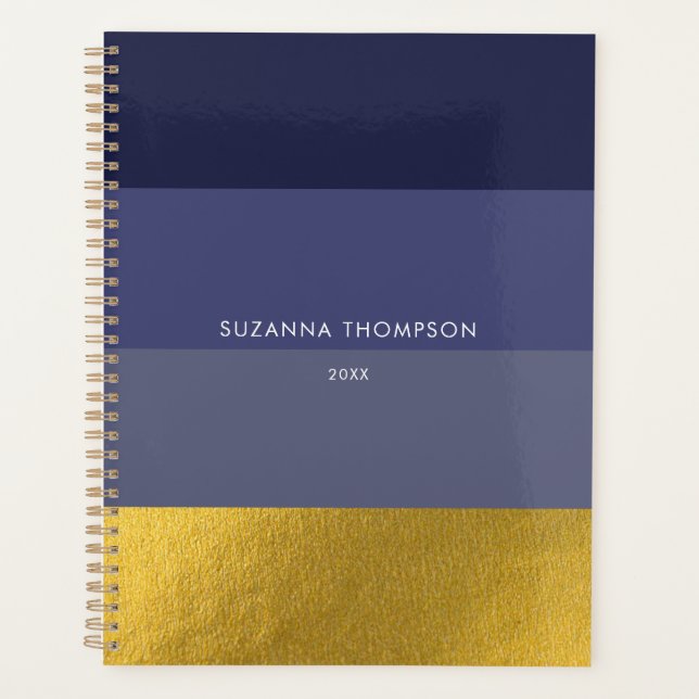 Modern Horizontal Stripe Navy Blue & Gold Foil Planner (Front)