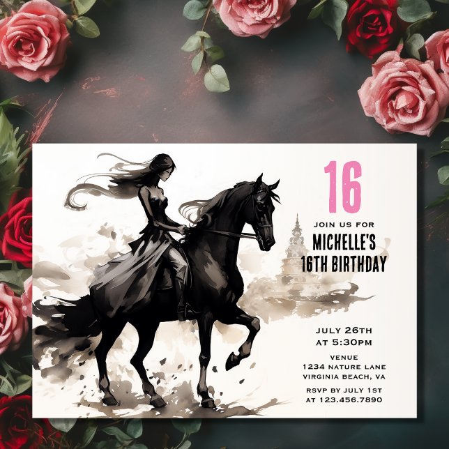 Modern Horse and Girl Fashion Ink Sketch Birthday Invitation (Front - Modern Horse and Girl Fashion Ink Sketch Birthday Invitation)