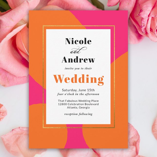 Modern Hot Pink and Orange Abstract Wedding Invitation (Creator Uploaded)