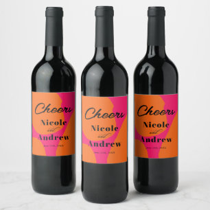 Modern Hot Pink and Orange Wedding Wine Label