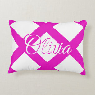 Modern Hot Pink and White, custom Name Decorative Cushion
