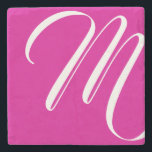 Modern Hot Pink And White Script Monogram Stone Coaster<br><div class="desc">This stone coaster features modern and minimalist script white custom monogram on hot pink background.</div>