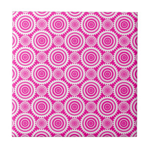 Modern Hot Pink and White Stylish Circles Pattern Tile