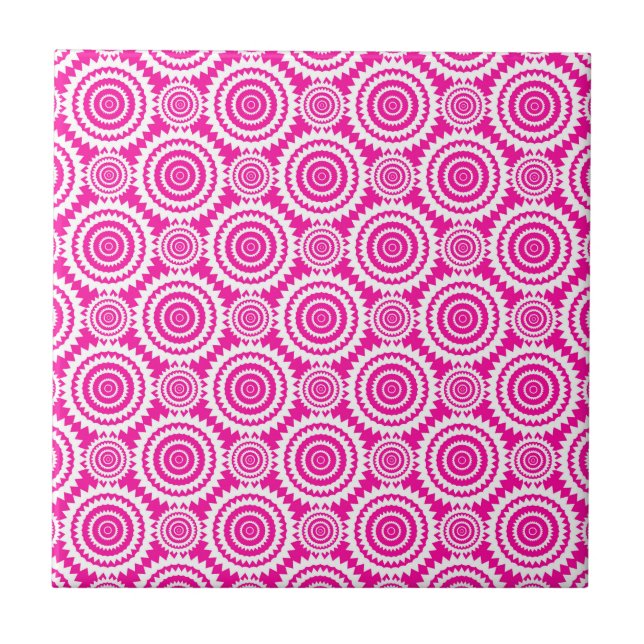 Modern Hot Pink and White Stylish Circles Pattern Tile (Front)