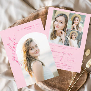 Modern Hot Pink Arch Photo Graduation Party Invitation