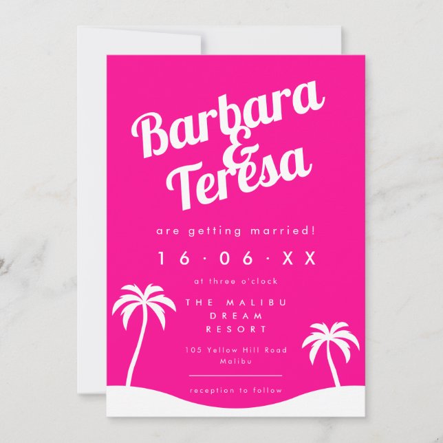 Modern Hot Pink Barbiecore Trendy Beach Wedding Invitation (Front)