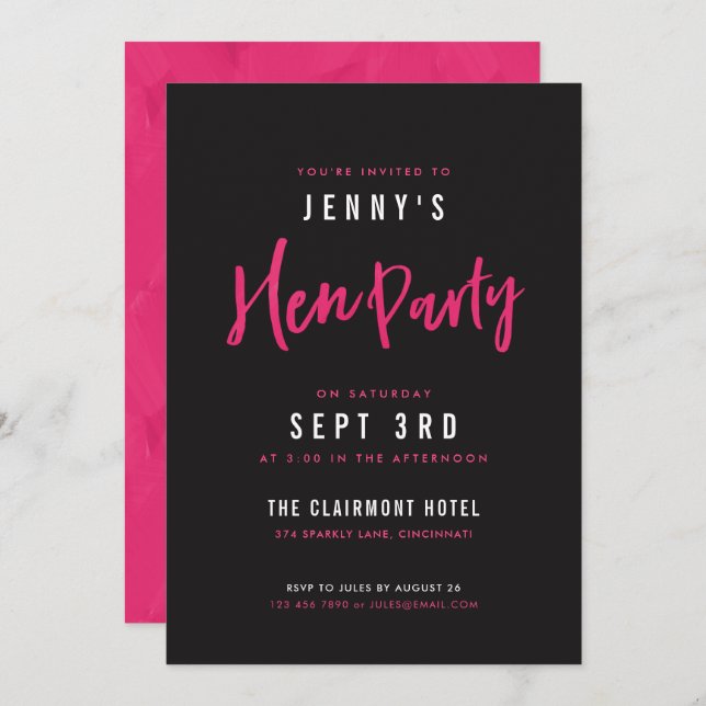 Modern Hot Pink & Black Hen Party Invites (Front/Back)