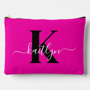 Modern Hot Pink Black Script Monogram Accessory Pouch