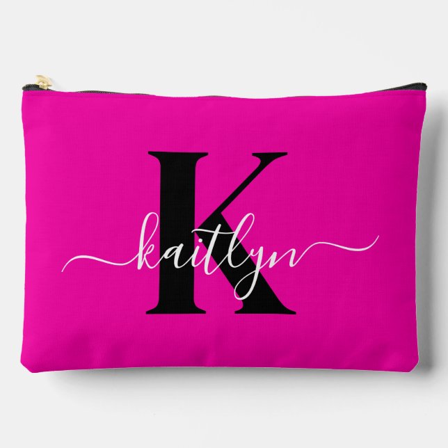 Modern Hot Pink Black Script Monogram Accessory Pouch (Front)