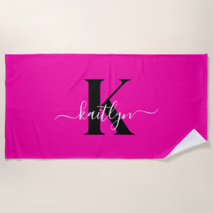 Modern Hot Pink Black Script Monogram Beach Towel