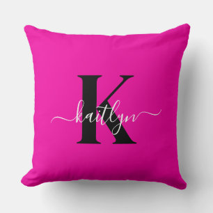 Modern Hot Pink Black Script Monogram Cushion