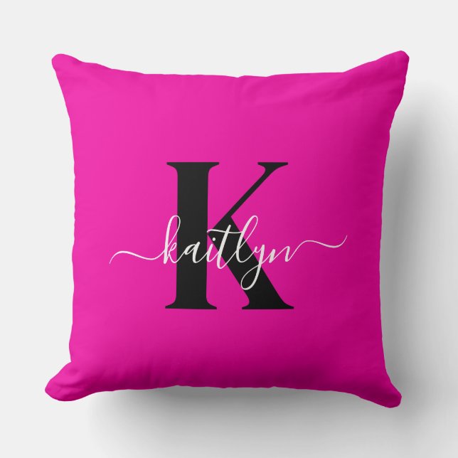 Modern Hot Pink Black Script Monogram Cushion (Front)